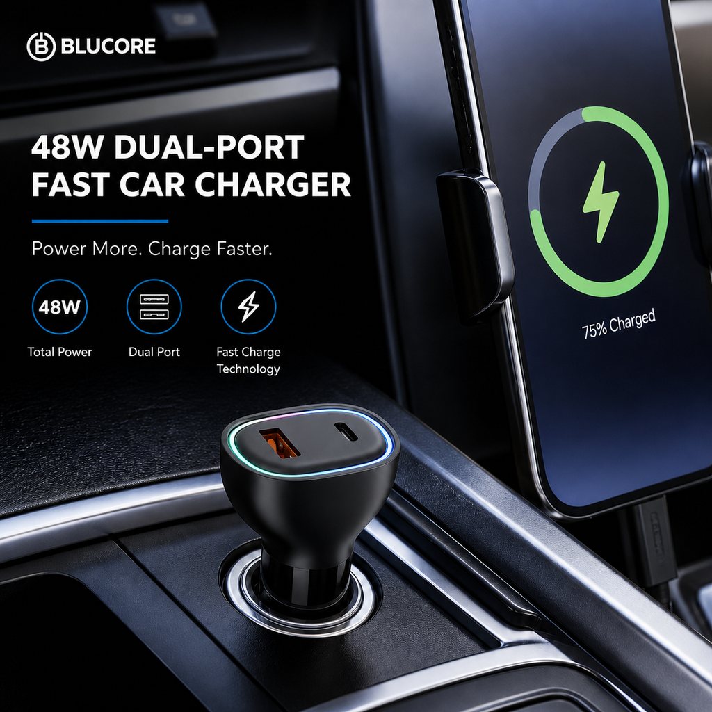 Blucore 48W dual-port fast car charger in a car's USB port with a smartphone charging display.