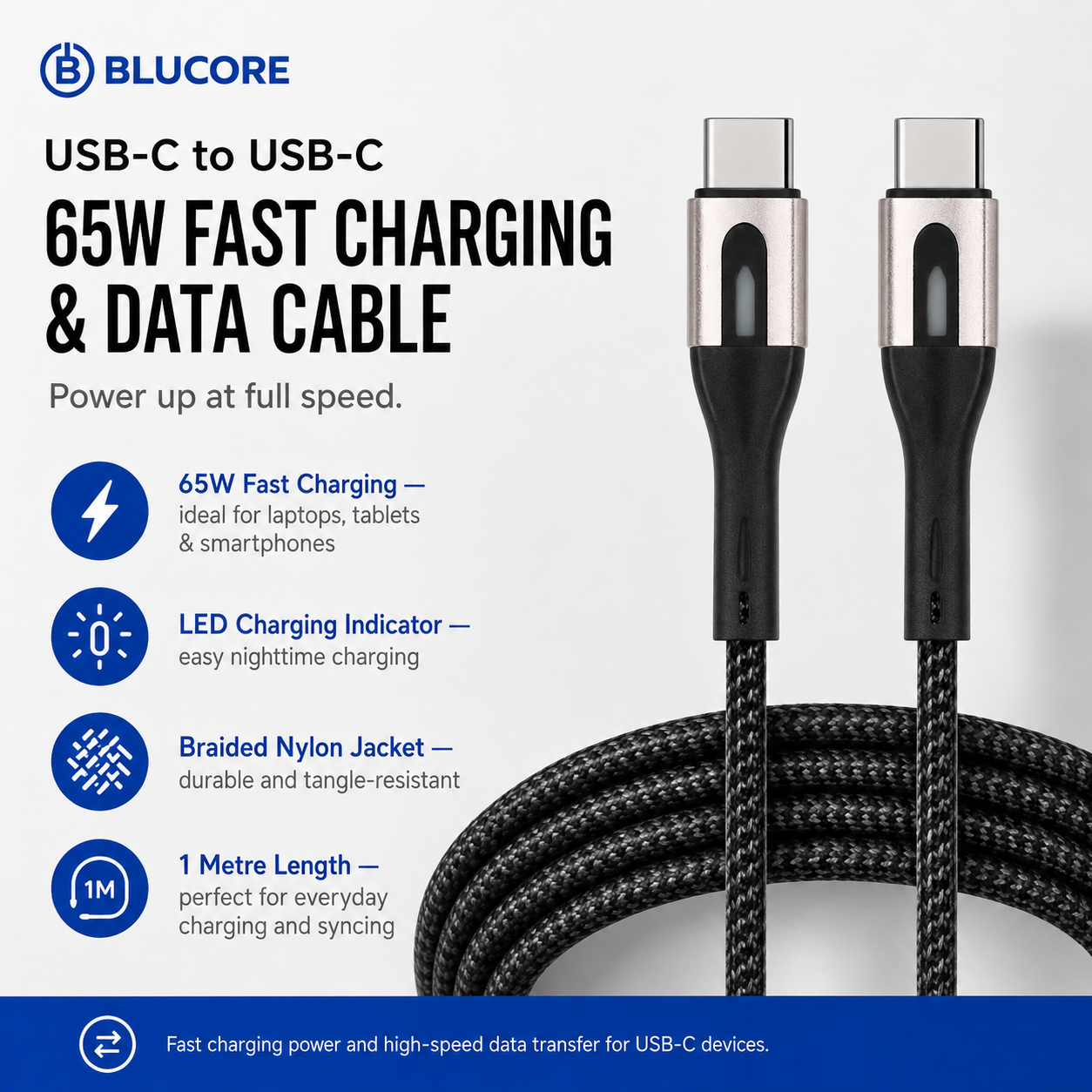 Blucore  Type C-C 65W Fast Charging & Data Cable- Wholesale Box of 50