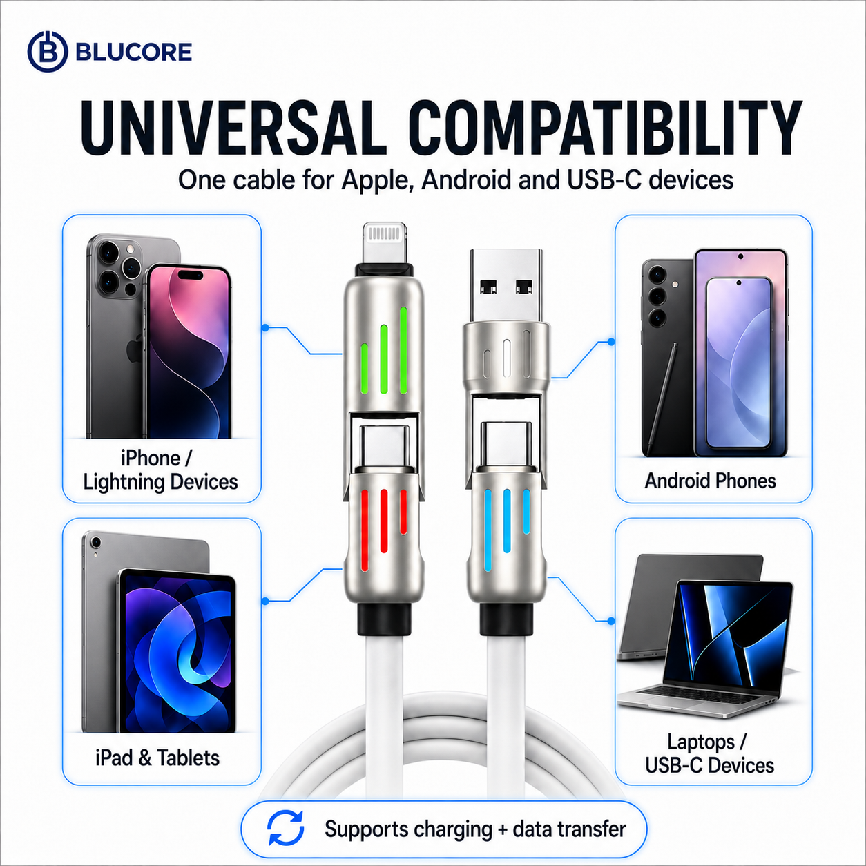 Blucore 4-in-1 Multi Function Charging Cable - Wholesale Box of 50
