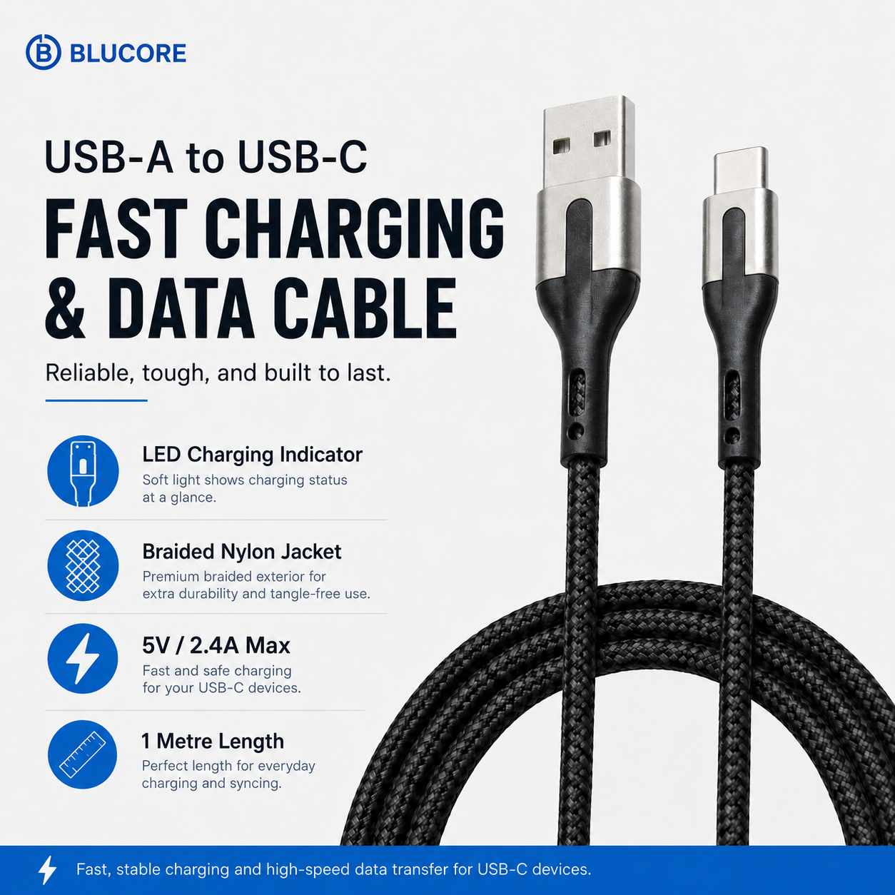 Blucore USB-A to C  Cable- Wholesale Box of 50