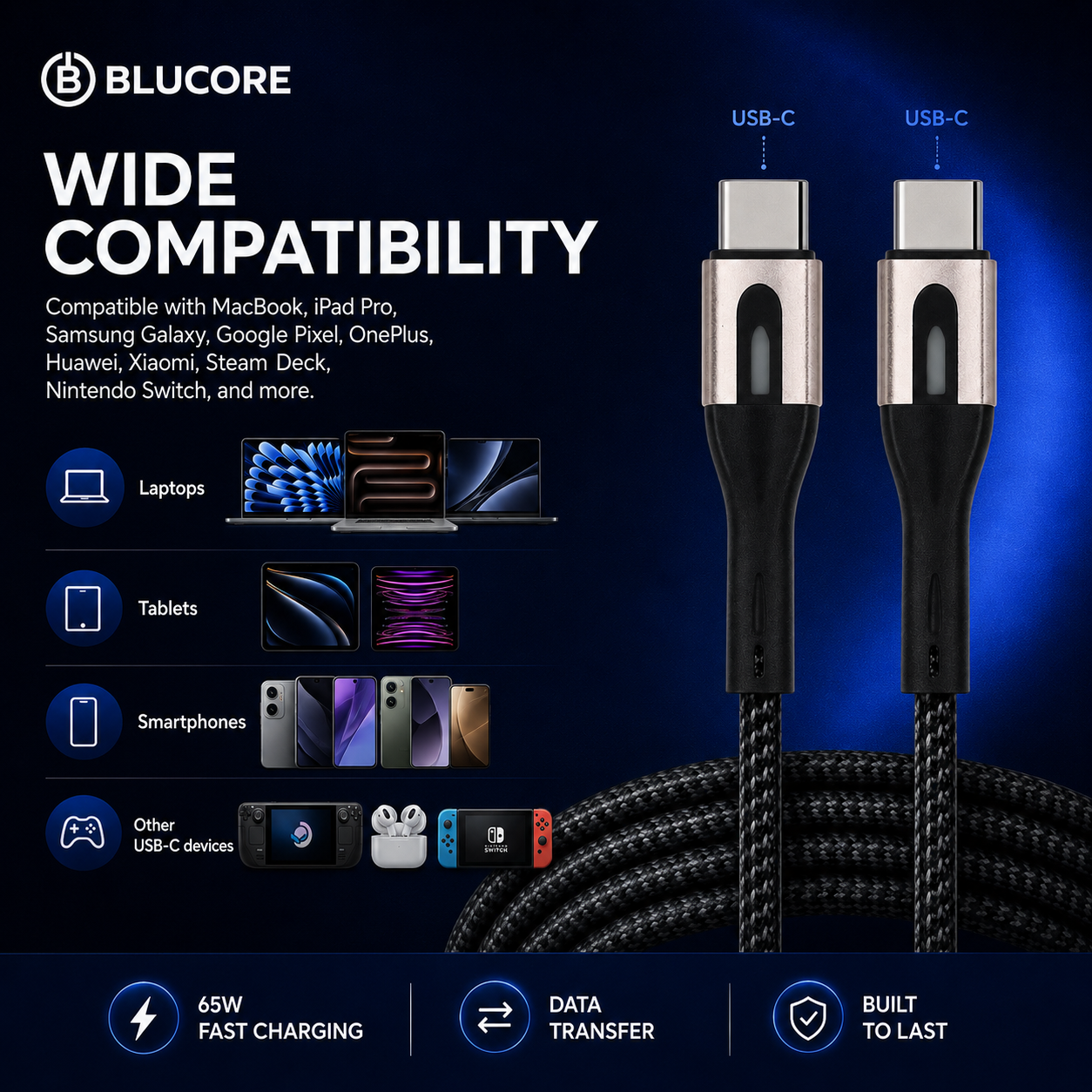 Blucore  Type C-C 65W Fast Charging & Data Cable- Wholesale Box of 50