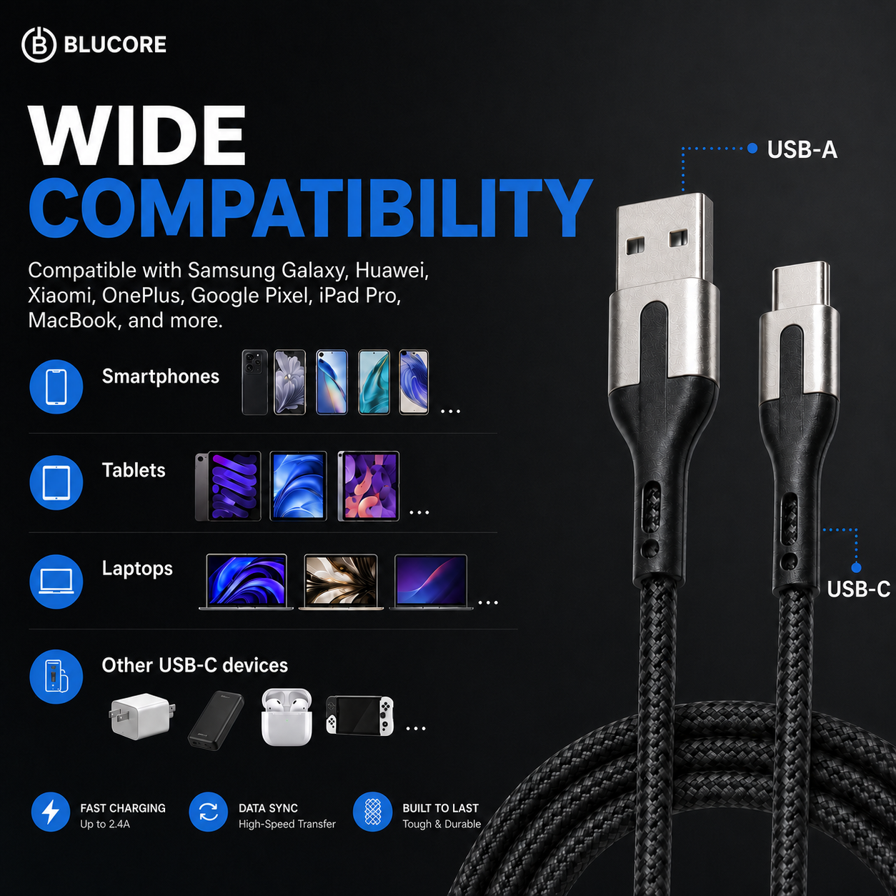 Blucore USB-A to C  Cable- Wholesale Box of 50