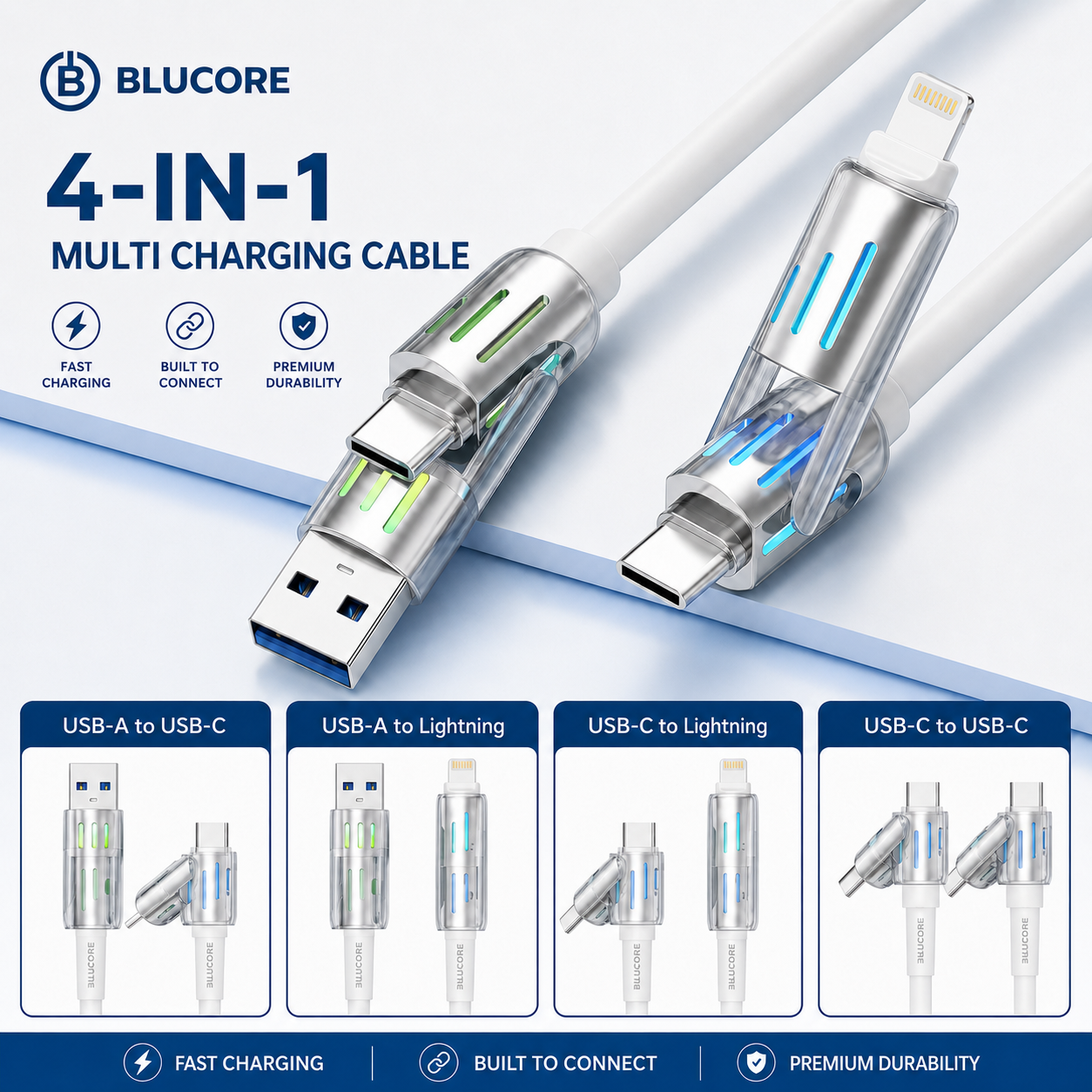 Blucore 4-in-1 Multi Function Charging Cable - Wholesale Box of 50