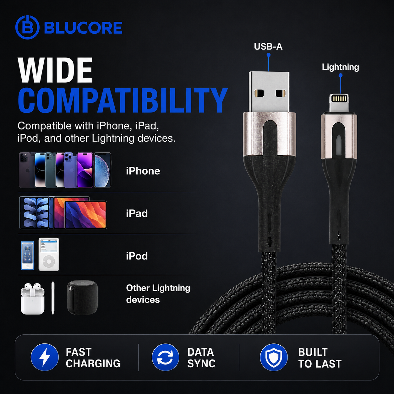 USB-A to Lightning Fast Charging & Data Cable - Wholesale Box of 50