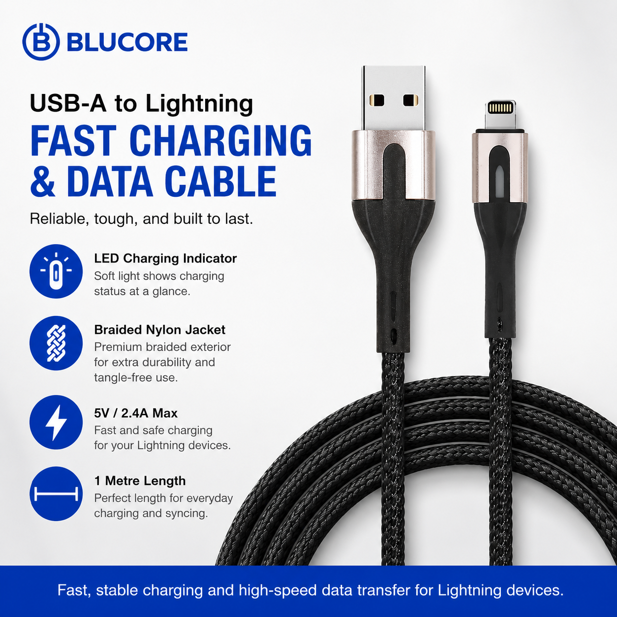 USB-A to Lightning Fast Charging & Data Cable - Wholesale Box of 50