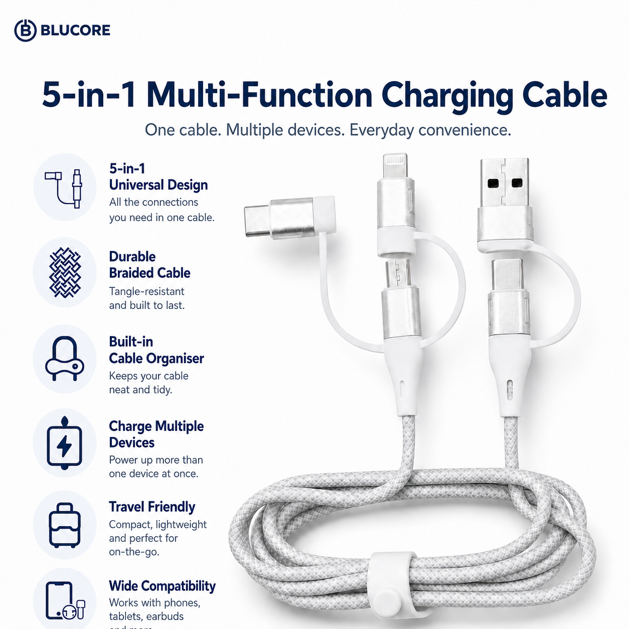 Blucore 5-in-1 Multi Function Charging Cable - Wholesale Box of 50